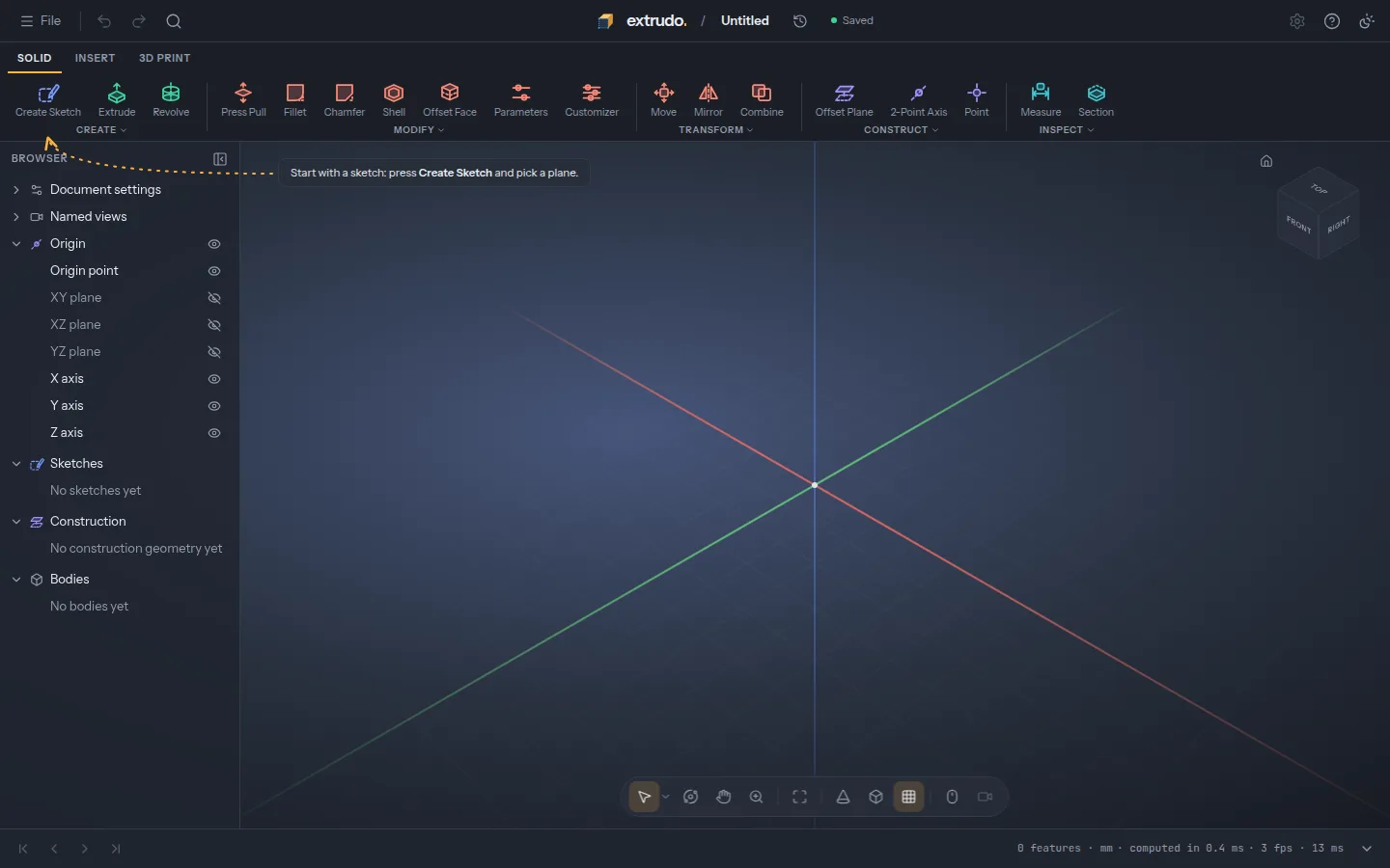 Extrudo's empty design view: the viewport hint, the toolbar, and a browser with no features yet.