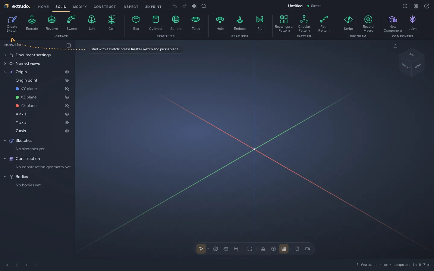 Extrudo's empty design view: the viewport hint, the toolbar, and a browser with no features yet.