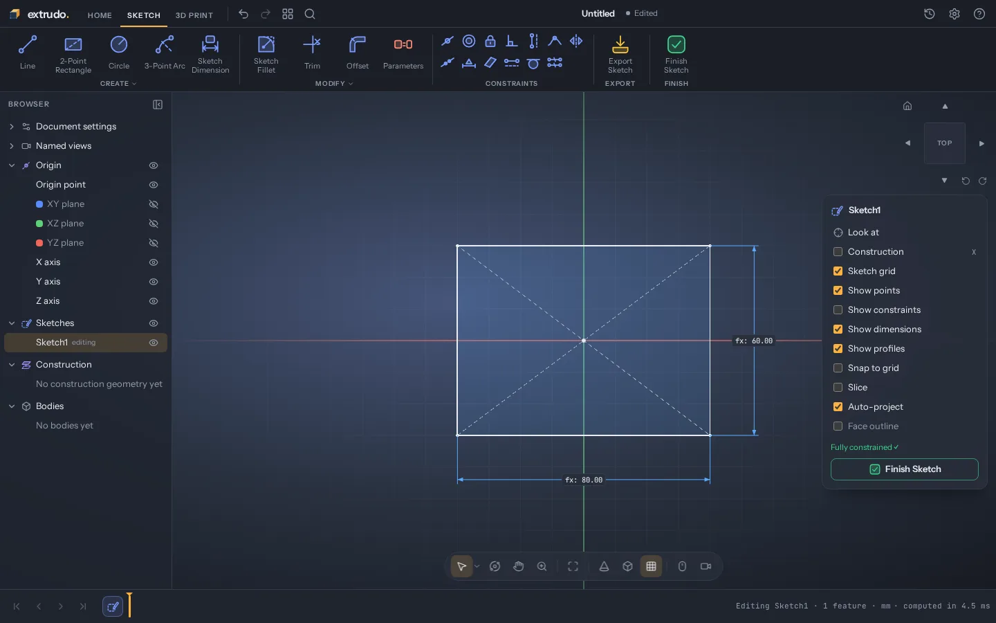 A sketch on the XY plane with a rectangle centred on the origin and its width and depth dimensions.
