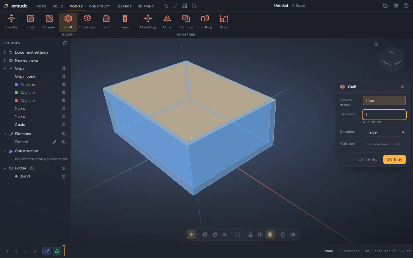 Extrudo's Shell dialog open beside the block, previewing 2 mm walls with the top face removed.