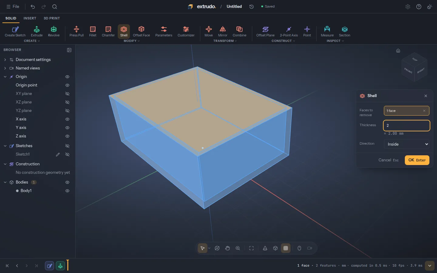 Extrudo's Shell dialog open beside the block, previewing 2 mm walls with the top face removed.