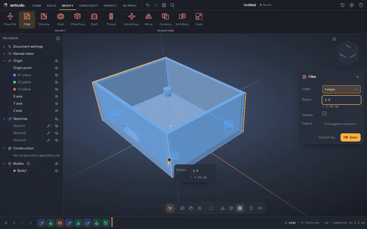 Extrudo's Fillet dialog open beside the tray, previewing the four outer vertical edges rounded.