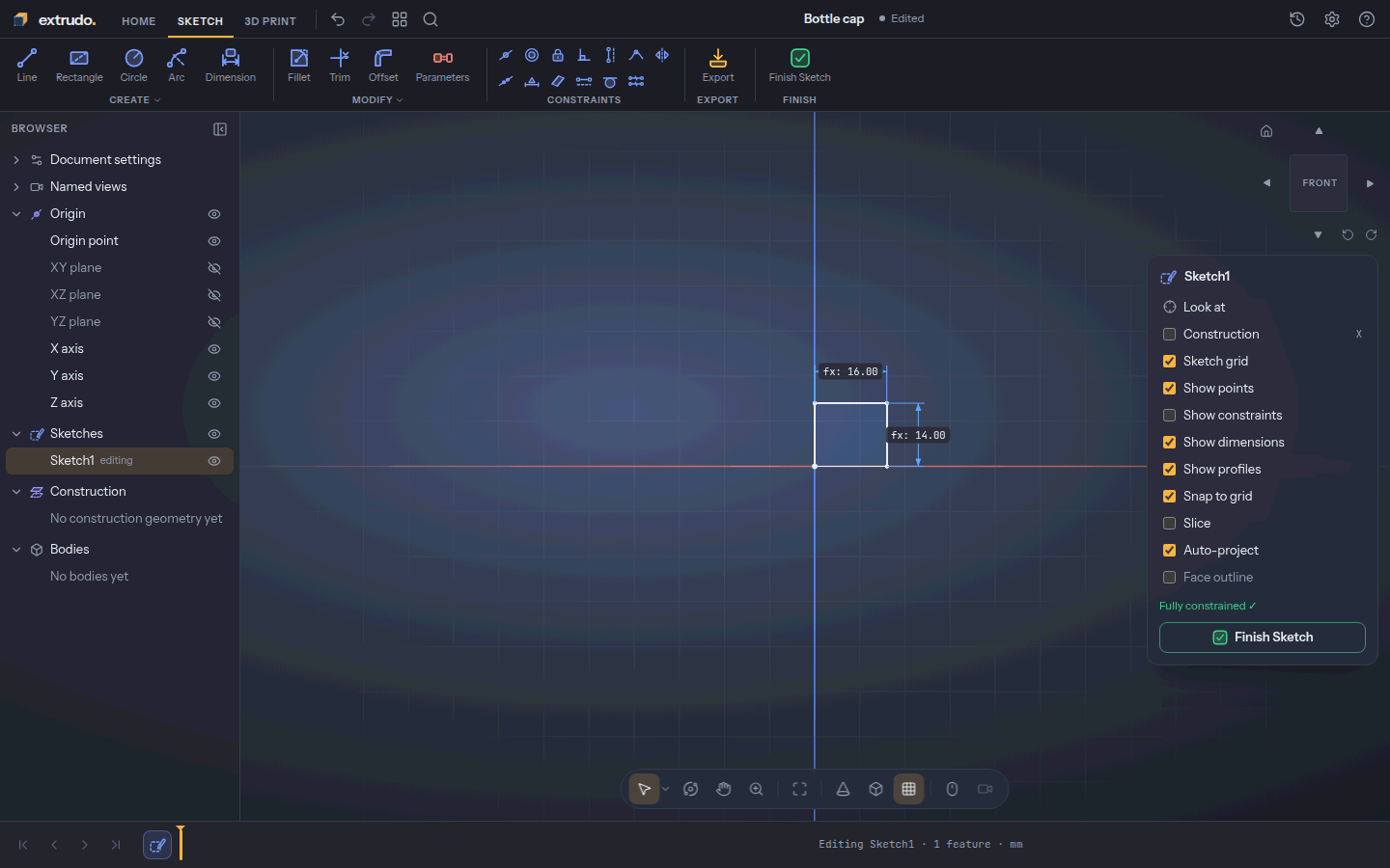 The cap's section dimensioned and fully constrained