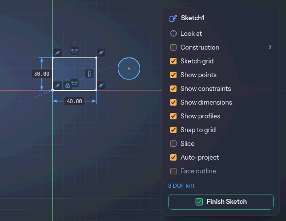 A rectangle with some sides fixed and others free, and the sketch palette counting degrees of freedom