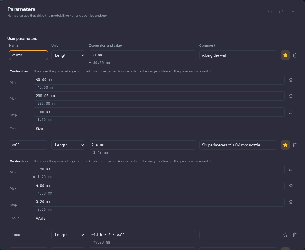 The Parameters dialog of the Wall bracket, with its user parameters and model parameters