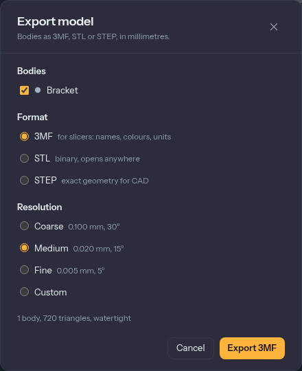 The Export model dialog, with a body list, 3MF and the Medium resolution