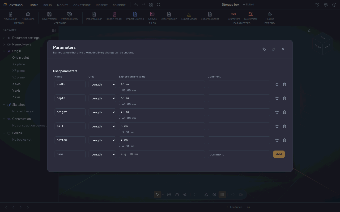 The Parameters dialog with five parameters