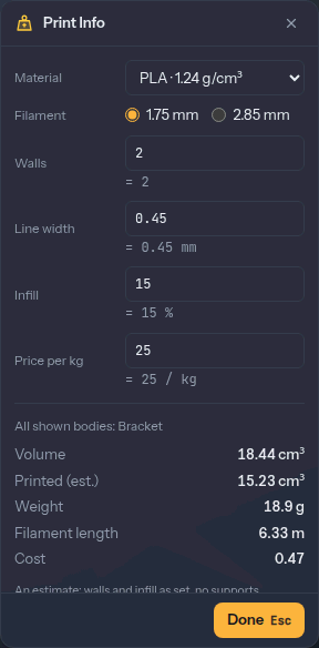 The Print Info panel on the Wall bracket