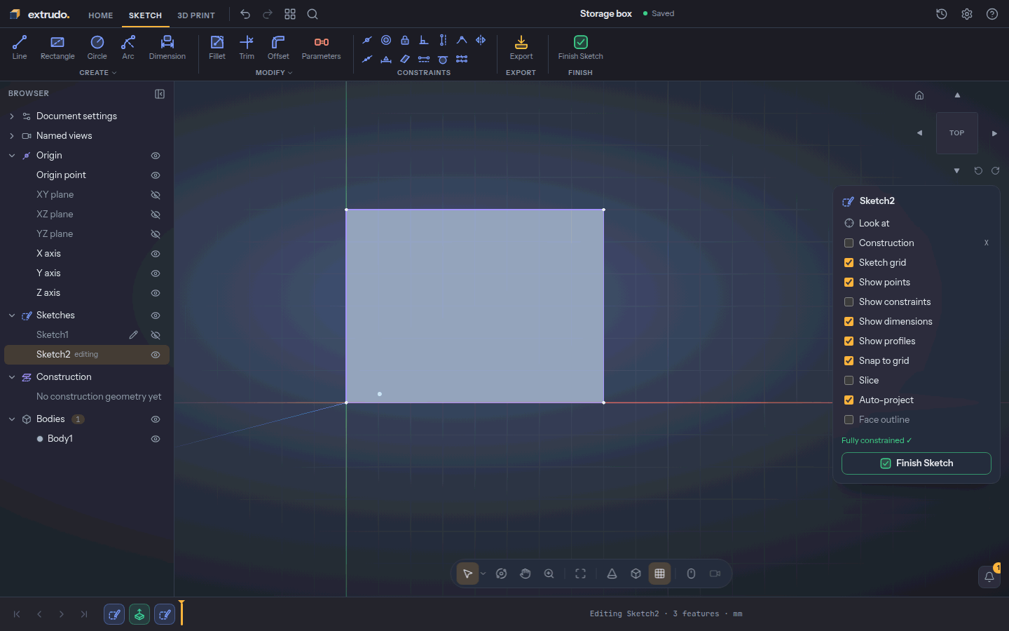 The top face's outline projected into the sketch