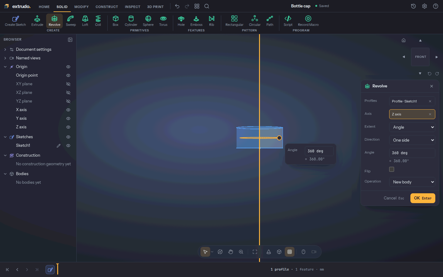 The Revolve dialog with the Z axis picked